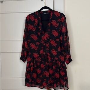 Zara Black &  Red Floral Ruffle Dress Size Medium